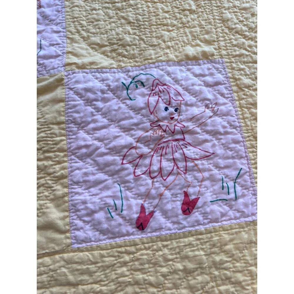 Vintage Fairy Elf Baby Blanket Quilt Hand Drawn Handmade Yellow Flaws READ